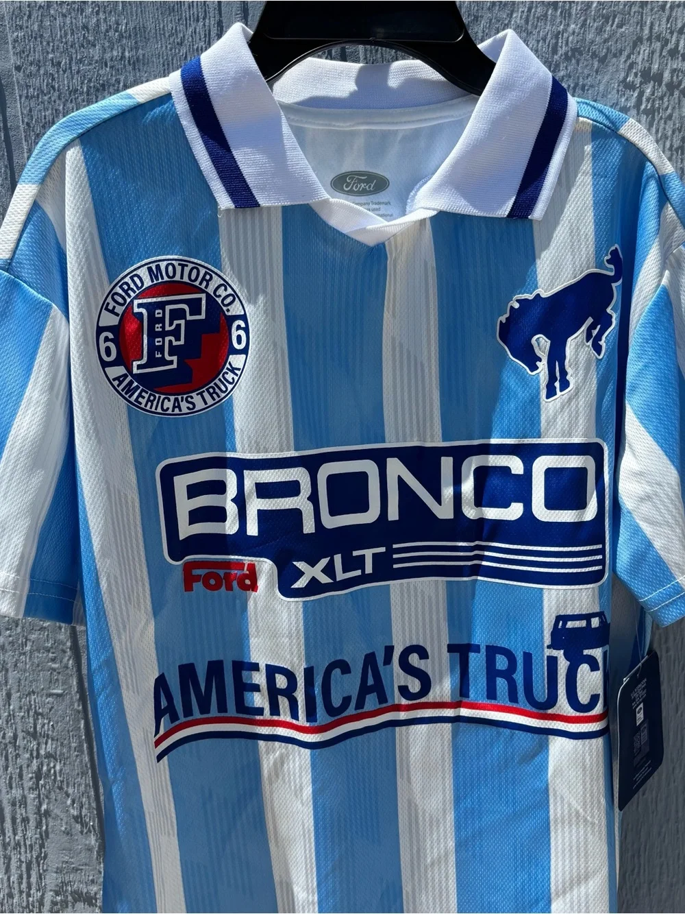 Ford Bronco XLT Striped Polo Tee in Light Blue & White